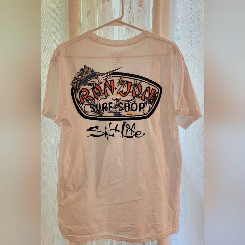 Men's medium short-sleeve white t-shirt, Ron Jon, fish, surf, salt life, cotton